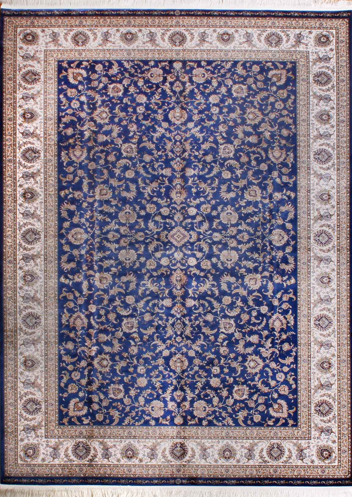 Lacivert  Zeminli İran Desenli Bambu İpek Halı