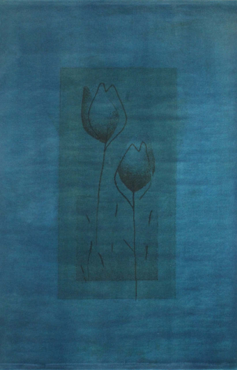 Ortası Modern Lale Desenli Turkuaz Mavi Halı