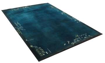 Ortası Desensiz Kenarları İpek Desenli Mavi El Halısı