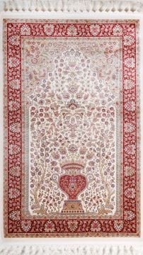 Çiçek Motifli Beyaz Kenarı Kırmızı Seccade