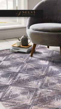 Siyah Geometrik Desenli Gri Bambu Halı