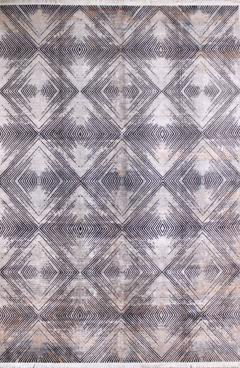 Siyah Geometrik Desenli Gri Bambu Halı