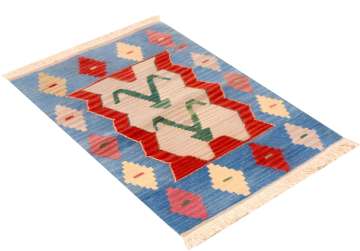 Etnik Desenli Dekoratif Mavi Kilim