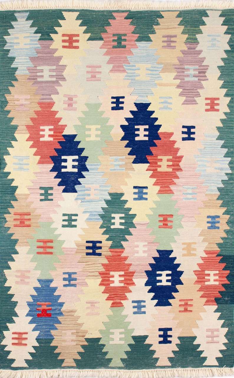 Multicolored Hand-woven Kilim Usak