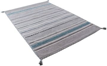 Gray Rug with Blue Ethnic Pattern