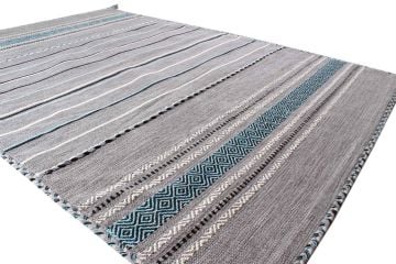 Gray Rug with Blue Ethnic Pattern