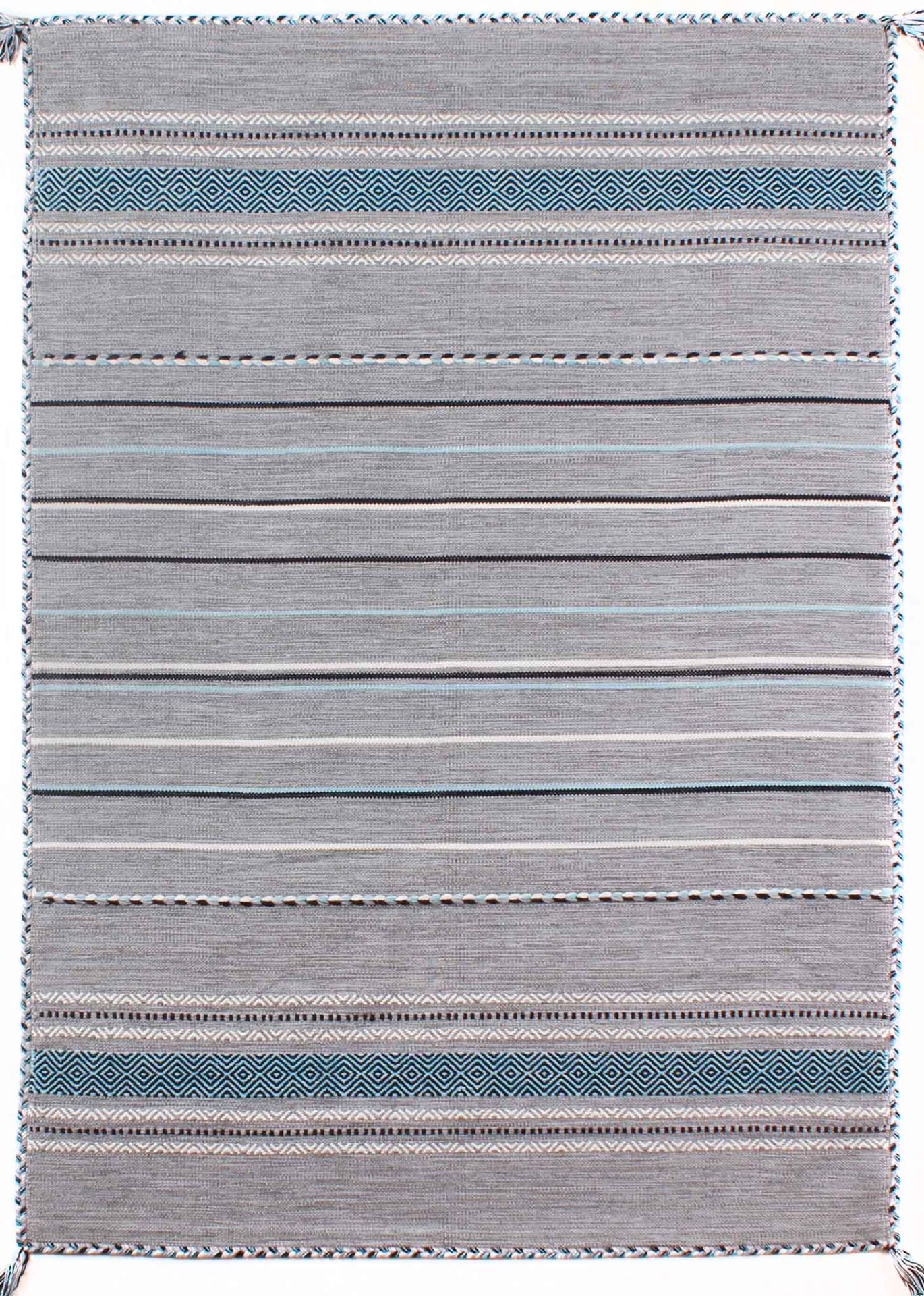 Gray Rug with Blue Ethnic Pattern