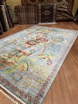 Gri Renk Karabağ Kilimi Desenli El Halısı