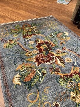 Gri Renk Karabağ Kilimi Desenli El Halısı