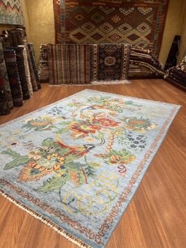 Mavi Renk Karabağ Kilimi Desenli El Halısı