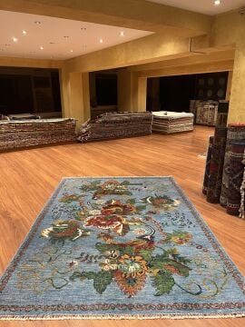 Mavi Renk Karabağ Kilimi Desenli El Halısı