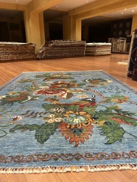 Mavi Renk Karabağ Kilimi Desenli El Halısı