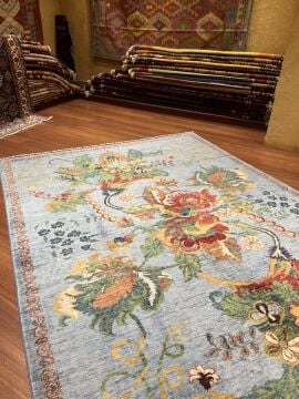 Mavi Renk Karabağ Kilimi Desenli El Halısı